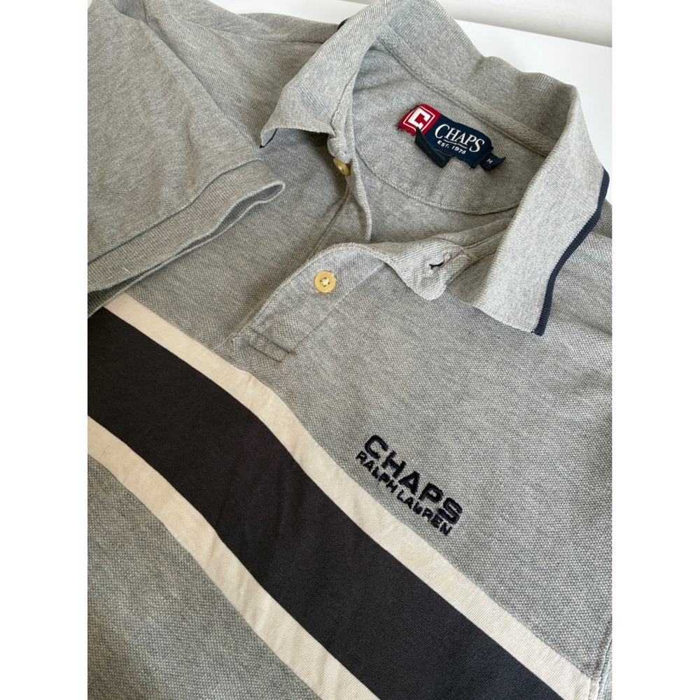 Chaps Ralph Lauren Mens Polo Shirt Medium Gray Navy Stripe Short Sleeve Vintage